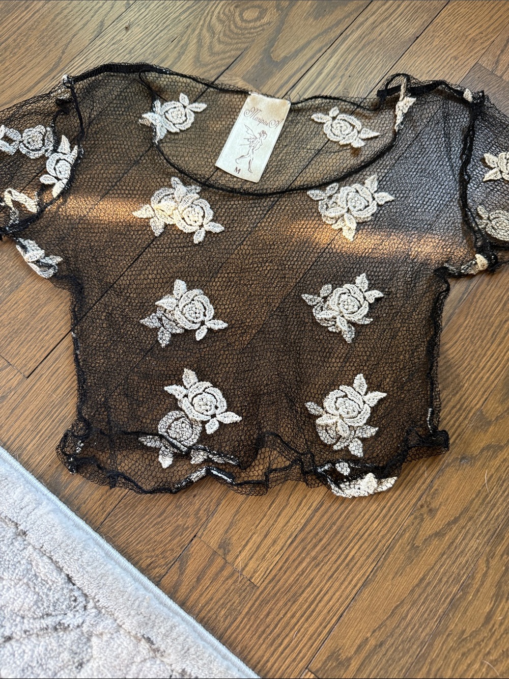 Vintage Black Sheer Mesh Crop Top with White Rose Appliqué